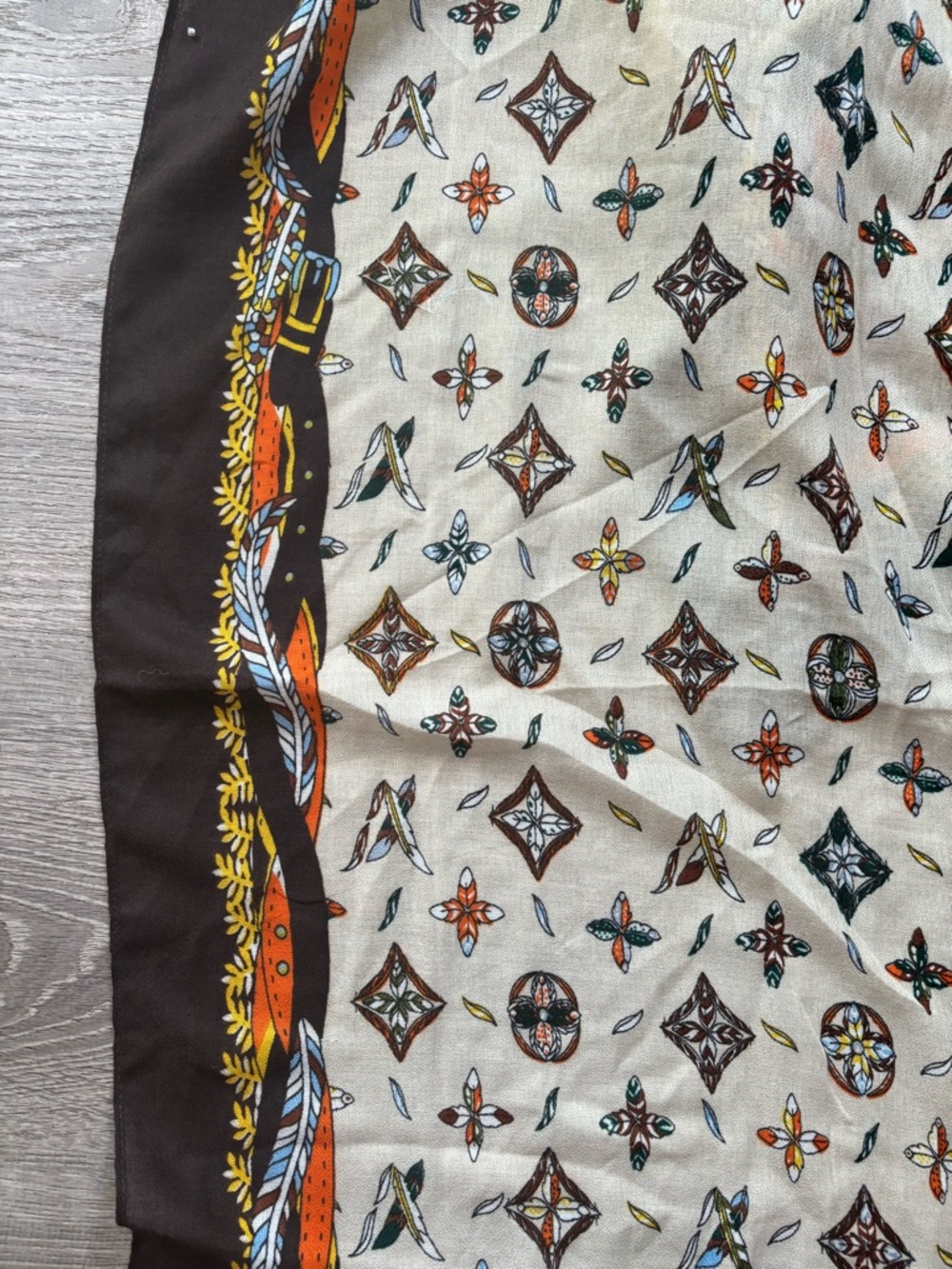 Patterned Silk Scarf in Cream, Brown & Orange
